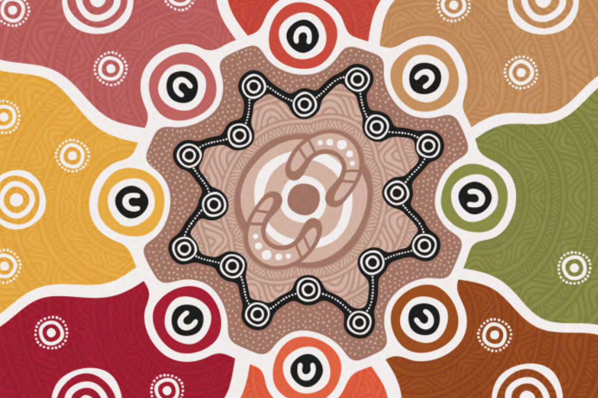 An abstract artwork inspired by Indigenous art styles, featuring interconnected patterns and shapes in earth tones like red, brown, orange, green, and yellow. The design includes circular motifs, concentric patterns, and dotted lines, symbolising community and connection.